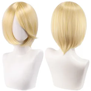 Front and back views of short blonde bob wig for cosplay, 30cm length detail shot