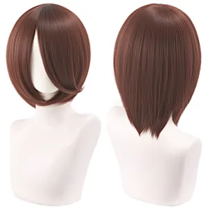 Professional front and back display of a 30cm thick brown bob cosplay wig on a white mannequin
