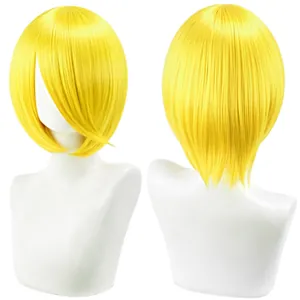 Professional bright yellow short bobo cosplay wig 30cm length shown front and back view