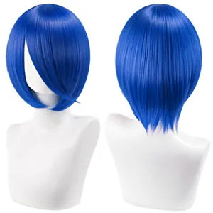 Short bright blue cosplay bob wig 30cm, thick styled hair shown from front and back views