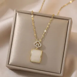 Collier En Acier Inoxydable Femme Pendentif Rectangle Faux Jade Nuage Strass Élégant Chaîne De Clavicule