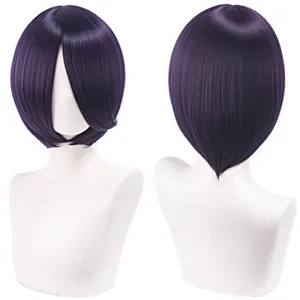 Detailed front and back views of a 30cm deep purple synthetic cosplay short bob wig