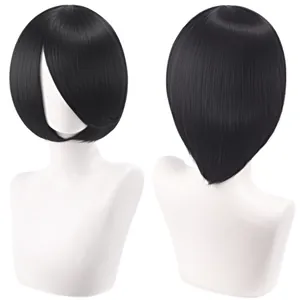 Detailed front and back views of a 30cm black short bob cosplay wig displayed on a mannequin