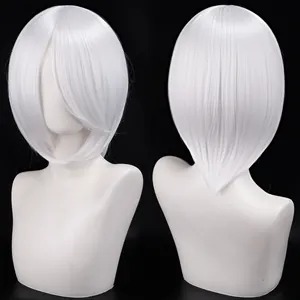 Detailed front and back views of a 30cm white cosplay bob wig with face-framing style