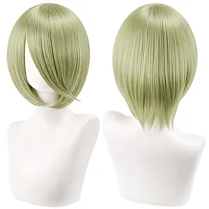Detailed view of 30cm light green short bob cosplay wig with layered back