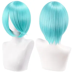 Detailed views of 30cm cyan short bob cosplay wig showing front and back textures