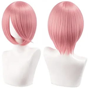 Professional front and back views of a 30cm short pink bob wig for cosplay styling