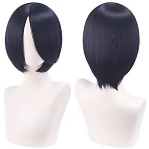 Detailed view of the 30cm dark navy blue bob cosplay wig with a smooth fiber finish