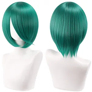 Detailed view showing the front and back of a 30cm vibrant green short bob cosplay wig.