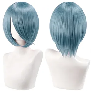Detailed view of a light blue 30cm cosplay short bobo wig showing front and back styles.