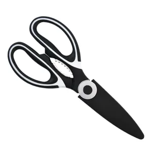 Multipurpose stainless steel kitchen shears with black and white handles and blade cover