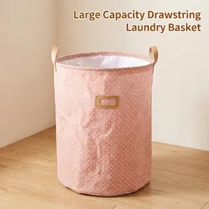 Polka Dot Laundry Basket Cotton Linen Fabric Storage Bin With Drawstring Waterproof Foldable Hamper For Clothes Toy Home