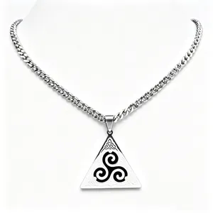 Men's stainless steel necklace featuring a silver triskelion symbol in triangle pendant