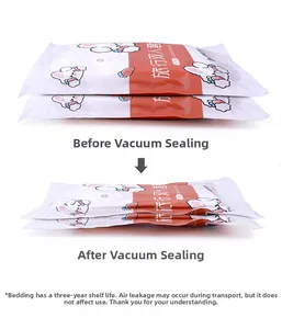 Vacuum-packed travel bedding set showing space-saving comparison before and after compression