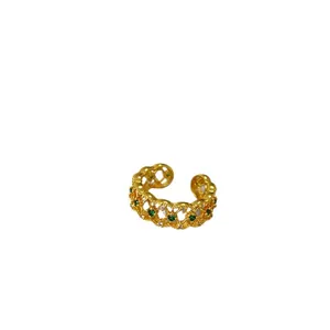 Vintage gold adjustable open ring with green zircon and hollow lace palace design