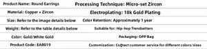 Detailed specification table for round hip hop stud earrings with 18k gold plating