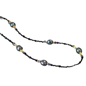 Elegant retro long necklace with black spinel beads and dark freshwater baroque pearls