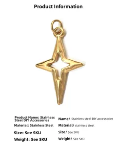 Polished gold stainless steel hollow four-pointed star pendant DIY accessory