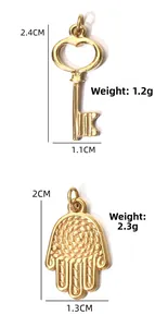 Golden stainless steel heart key and hamsa hand pendants with dimensions and weight info