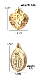 Detailed view of gold stainless steel heart and oval charms with size and weight specs