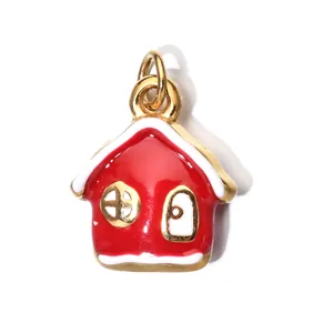 Creative red house charm pendant with white enamel roof and gold metal hanging loop