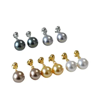 Elegant teardrop pearl stud earrings set in white, gold, and grey colors with 925 silver pins