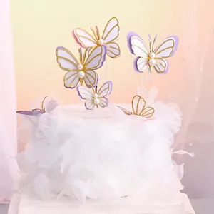 3D Butterfly Cake Toppers With Faux Artificial Pearl And Metallic Edge For Birthday Wedding Party Decoration Floral Petal Cake Inserts