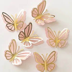 3D golden hollow butterflies with pink paper base for cake decoration and party decor