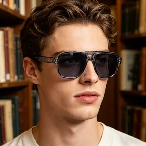 Detail view of men's square frame sports sunglasses with a grey translucent finish