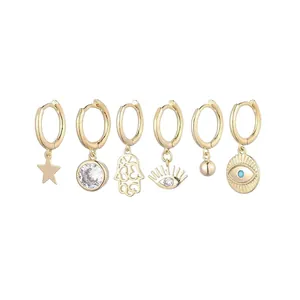 Lot de 6 boucles d'oreilles dorées avec perle, étoile et motifs œil porte-bonheur