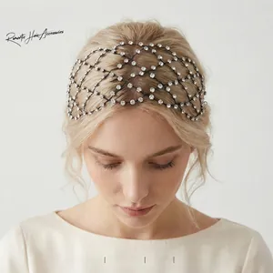 Detail of handmade rhinestone mesh headband featuring adjustable woven crystal grid