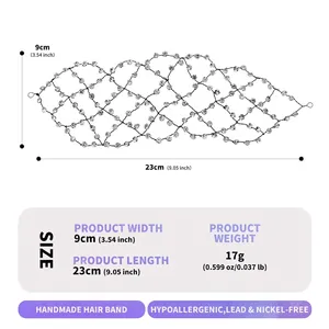Handmade silver bridal mesh headband with crystals and size chart 23cm by 9cm