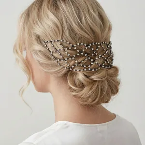 Handmade Mesh Beaded Bridal Headband Ethnic Style Rhinestone Artificial Pearl Wedding Hair Accessory Elegant Hairband For Women