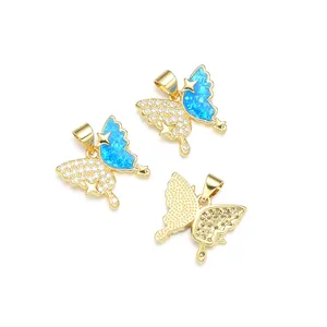 Gold butterfly pendant with blue opal and sparkling zircon stones for jewelry making