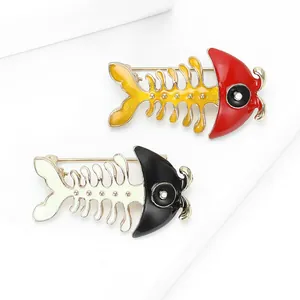 Cute cartoon fishbone brooches in red and black enamel with stylish metallic beads