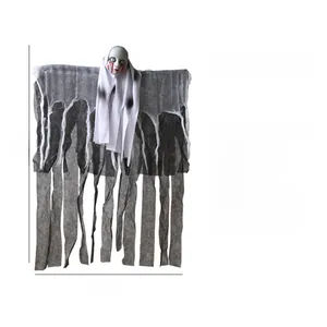Detail view of Halloween hanging ghost with bleeding face mask and distressed fabric