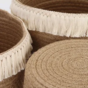 Handwoven cotton linen storage basket with boho tassels for snacks and plants