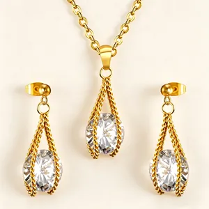 Stainless Steel Necklace And Earrings For Women Cubic Zirconia Round Rope Twisted Pendant Gold Plated Hollow Elegant