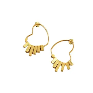 Elegant gold plated heart drop earrings with hammered textured metal bars and silver needle