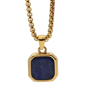 Minimalist golden box chain necklace with square blue lapis lazuli stone pendant