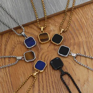 Square stainless steel pendant necklace with colorful gemstone inlays in various finishes