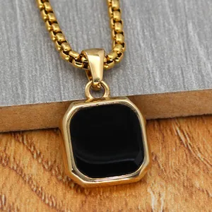 Minimalist gold stainless steel necklace with black square pendant on box chain