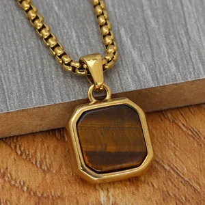 Golden stainless steel square pendant necklace featuring natural tiger eye stone inlay