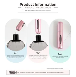 Three-step guide for refilling the pink matte aluminum portable perfume spray bottle