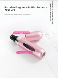 Detail view of pink metal perfume atomizer with spray nozzle and clear level window