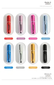 Detail showing 8 colors of 5ml portable refillable perfume atomizers with viewing windows