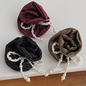 Vintage Striped Fabric Rose Flower Brooch Pin With Faux Artificial Pearl Tassel Bow Knot Elegant Corsage Jewelry For Women Clothes Accessory