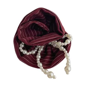 Retro striped burgundy rose fabric brooch with pearls in a high-quality main view