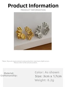 Macro detail of 18k gold plated fan-shaped earrings showing brushed metal texture and size