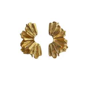Chic 18k gold plated pleated fan earrings with elegant geometric textured design